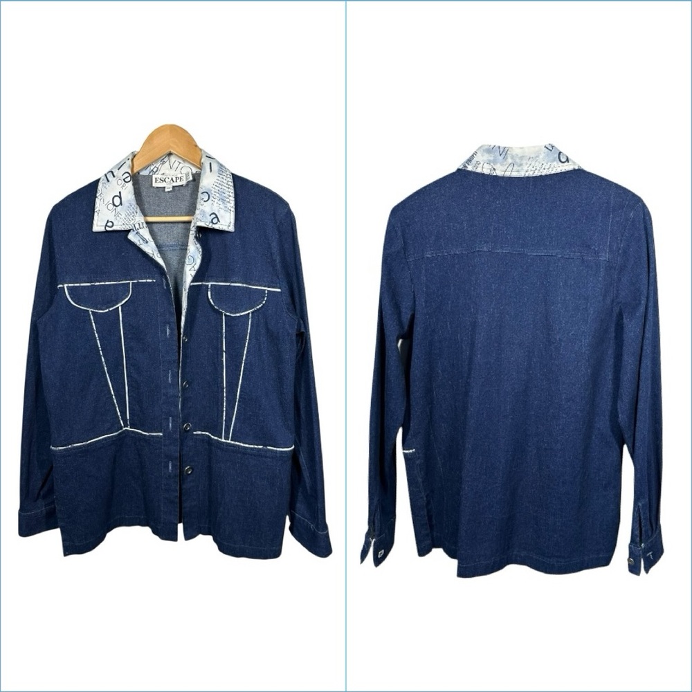 Vtg Women Escape Denim Chore Statement Jacket 8 White Piping‎ Utility Minimalist